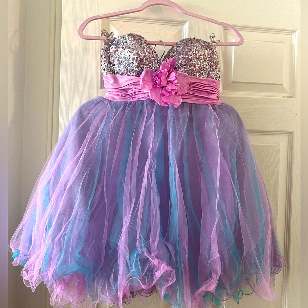 SHERRI HILL 1050 Lavender With Pink Strapless Sequin Tulle Mini Dress(sz4)